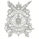 badge tattoo, military style. monchrone, stencil highly detailed, drawing , banner, banner says Mors Mihi ets Artis, war tattoo design idea