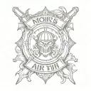 badge tattoo, military style. monchrone, stencil highly detailed, drawing , banner, banner says Mors Mihi ets Artis, war tattoo design idea