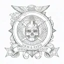 badge tattoo, military style. monchrone, stencil highly detailed, drawing , banner, banner says Mors Mihi ets Artis, war tattoo design idea