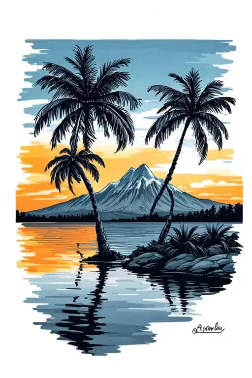 Table Mountain and palm trees colors sunset over lake tattoo design idea