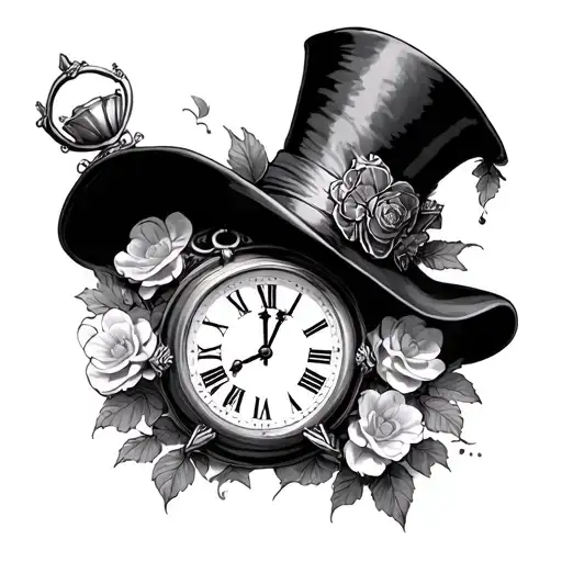 alice wonderland w mad hatter's hat and holding clock tattoo design idea