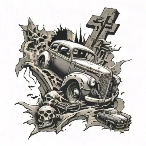 A black-grey tattoo of a car crashing through a graveyard, with horror elements like ghostly figures and skulls scattered around tattoo design idea