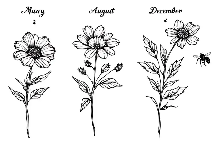birth flowers for January, May, July, August and December as one with braided twig and tiny bees tattoo design idea