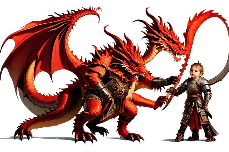 Dead Red Dragon with Warrior and child holding hands tattoo design idea