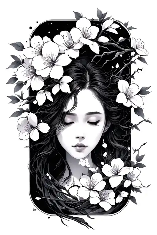 Japanese cherry blossom flow diagram with mystical tattoo design idea