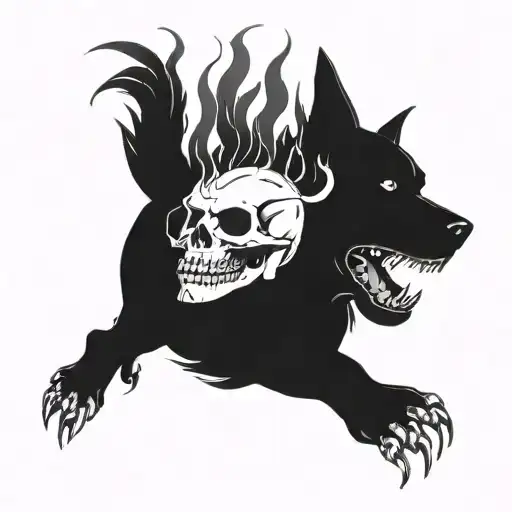 A burning skull held by a dog in its teeth. tattoo design idea