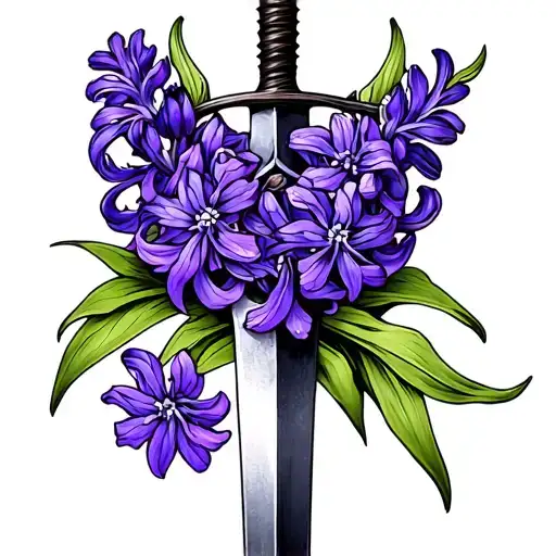 purple hyacinth coiling around a dagger intertwined tattoo design idea