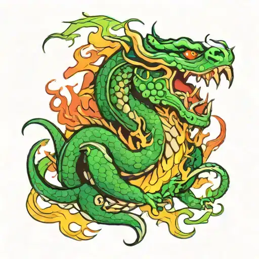 Green Dragon breathing fire tattoo design idea