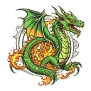 Green Dragon breathing fire tattoo design idea