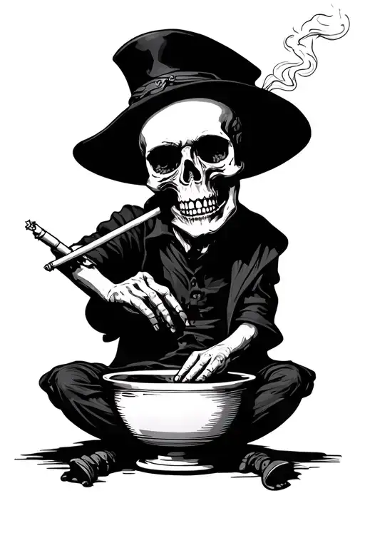 a skull smoking a joint sitting in a bowl tattoo design idea