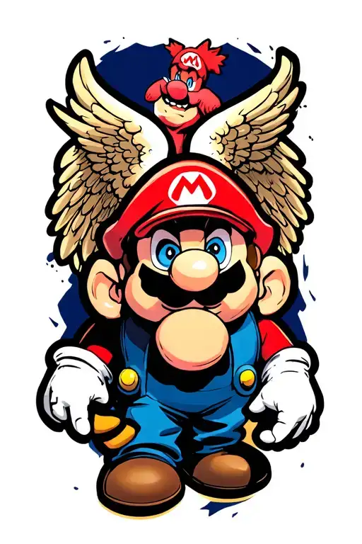 Create a new age tattoo of Mario with a classic angel and devil influence in his shoulders, in the form of a goomba and  tattoo design idea