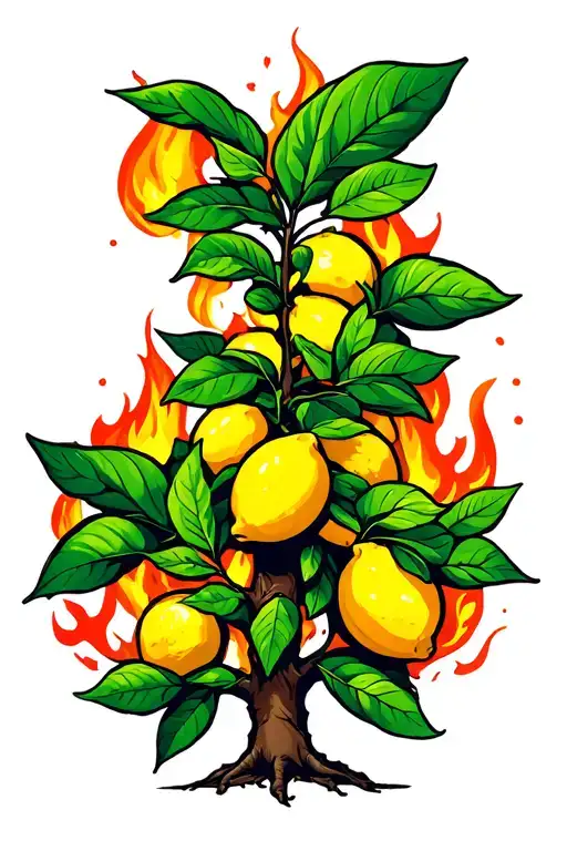 cartoon style lemon tree on fire tattoo design idea