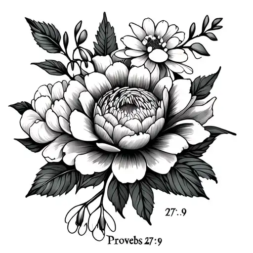 proverbs 27:9 with chrysanthemum, peony, carnation, and snow drops tattoo design idea