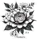 proverbs 27:9 with chrysanthemum, peony, carnation, and snow drops tattoo design idea