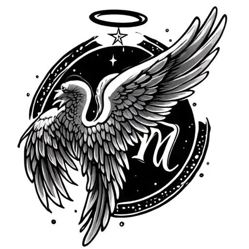 a pair of wings, halo, cursive letter m and shooting star girly design tattoo design idea