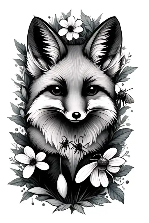 Snow drop flower, bees, fox outline tattoo design idea