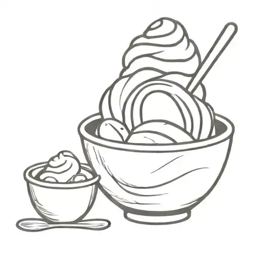 tattoo idea black and white sketch bowl of ice cream two spoons with syrup 2D tattoo design idea