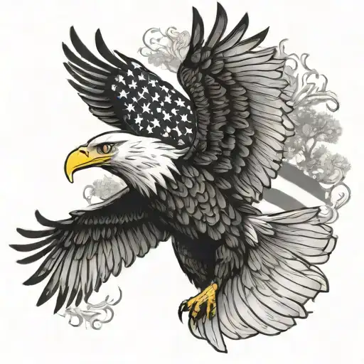 bald eagle with trees and American flag morphing tattoo design idea