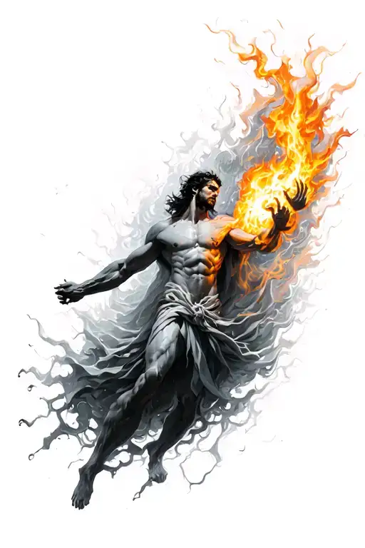 An abstract image of Prometheus crossing the void and abyss whilst embracing his Promethean inner fire. tattoo design idea
