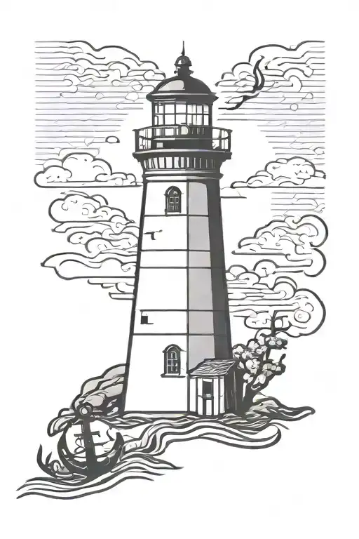 a lighthouse with an anchor hanging below it. a stag head covering the front of the lighthouse.  tattoo design idea
