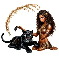 female warrior with long brown curly hair, brown skin and blue eyes petting a black panther like it is her spirit guide tattoo design idea