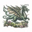 Welsh dragon inside Wales country landscape tattoo design idea