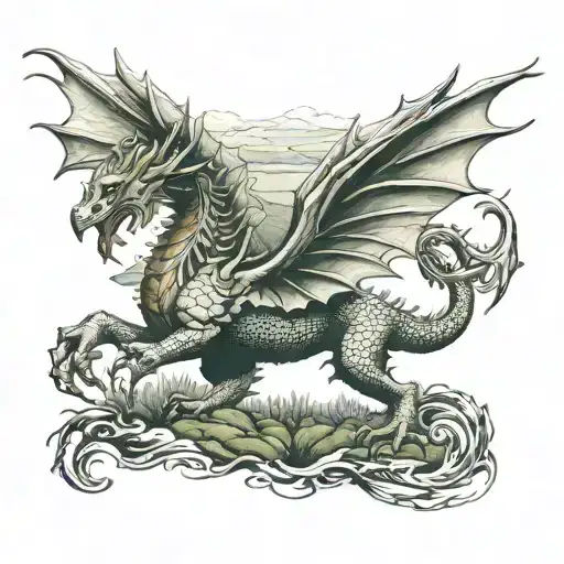 Welsh dragon inside Wales country landscape tattoo design idea