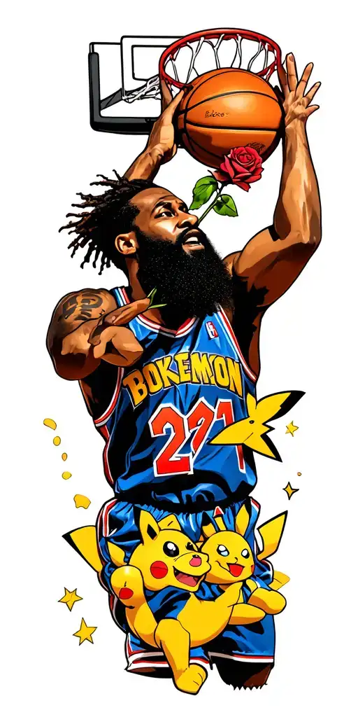 A tattoo design of James Harden performing a slam dunk while holding a rose in his mouth, with Pokemon characters cheering in the background tattoo design idea