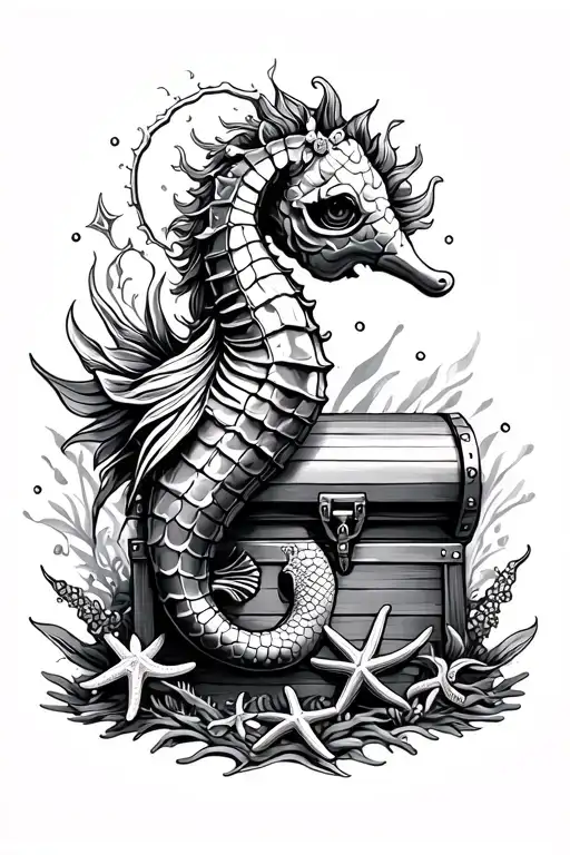 ocean theme arm sleeve including treasure chest, starfish, mermaid, seahorse tattoo design idea