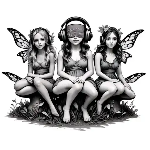 3 fairiesbsitting on mushrooms. one with headphones one with blind fold and one with bandana face mask  tattoo design idea