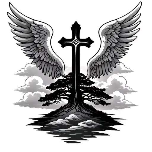 angel wings with black cross clouds tree tattoo design idea