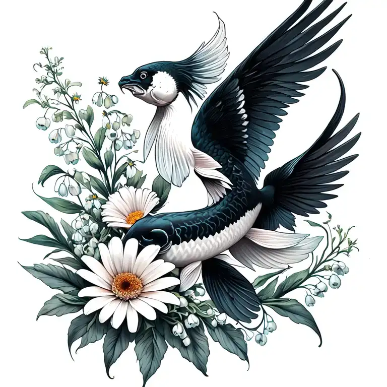 schlängelnder out of water black white koi with phoenix wings, bouquet with an aster, a daisy, a lily of the valley tattoo design idea