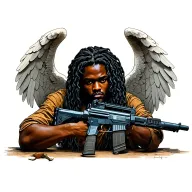 black african angel holding a ak 47 assault rifle leaning tattoo design idea