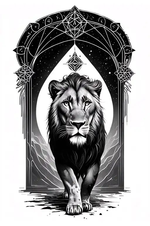 regal queen female lioness walking towards and emerging from sacred geometry galactic portal tattoo design idea