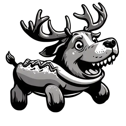 a cartoon molar riding a cartoon hot dog with antlers tattoo design idea