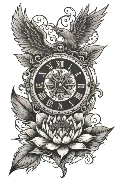 crown on top of lotus flower combined with clock fragmented into 2 parts and a phoenix below, vertically tattoo design idea