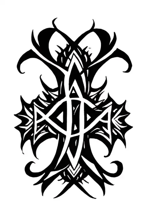 Tribal cross intertwined with initials D, A, B, J, K tattoo design idea