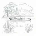 empty kayak, slightly angled towards bottom left, on a calm lake surrounded by trees on all sides tattoo design idea