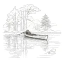empty kayak, slightly angled towards bottom left, on a calm lake surrounded by trees on all sides tattoo design idea