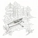 empty kayak, slightly angled towards bottom left, on a calm lake surrounded by trees on all sides tattoo design idea