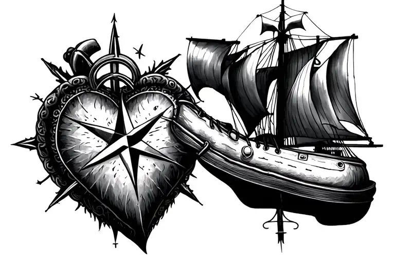 Sailingboot, heart and compass rose tattoo design idea