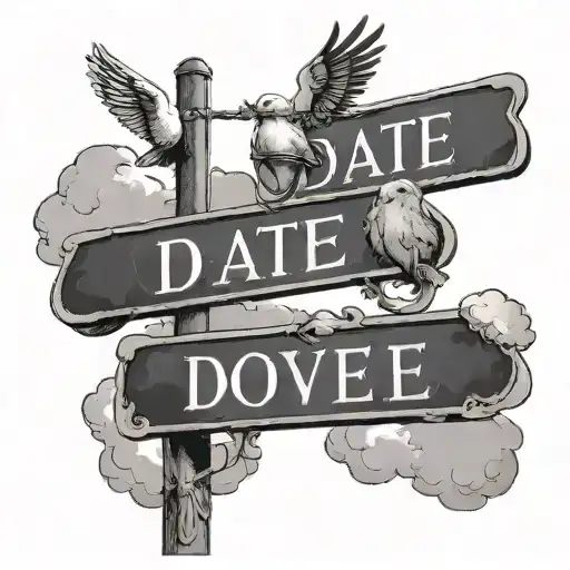 street sign with words and a dove and a date and clouds  tattoo design idea