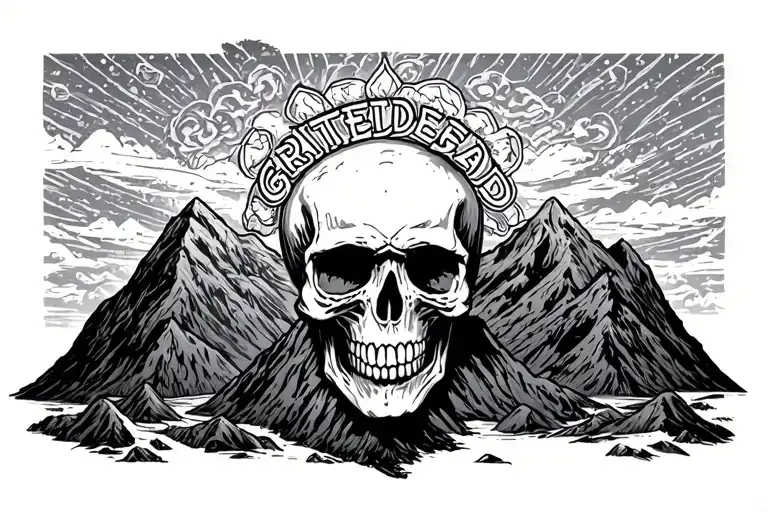 grateful dead skull surrounded by mountains tattoo design idea