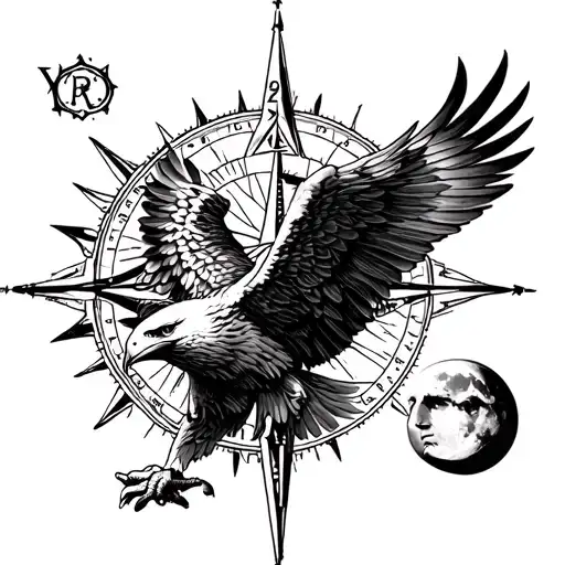 forearm tattoo, eagle flying, and compass time compass around around sun and moon with headshull tattoo design idea
