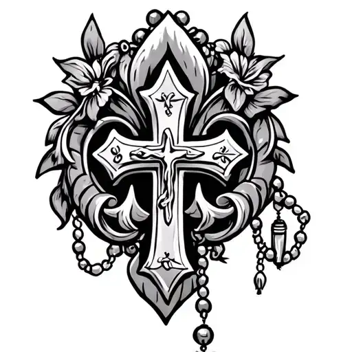 fleur de lys with catholic rosary and christian cross tattoo design idea