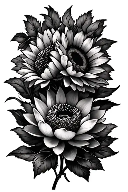 sunflowers, lotus, and peonies growing tattoo design idea