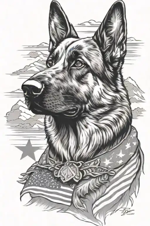 A detailed black and grey portrait of a german shepherd service dog mountain scene and American flag tattoo design idea
