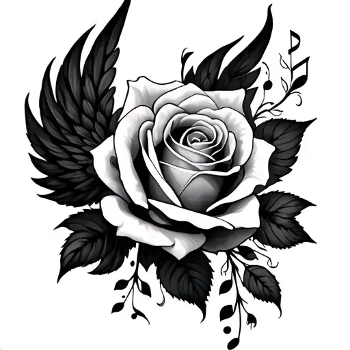 Rose tendrils, wings, musical grade, mandala tattoo design idea