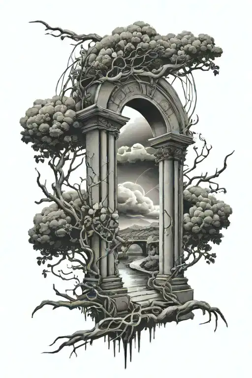 arch monument with plain vines wrapping the arch, and lightening storm inside the arch. tattoo design idea
