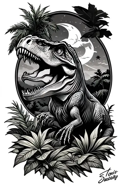 jurassic park style tattoo with some plants, a T-rex and the night sky tattoo design idea